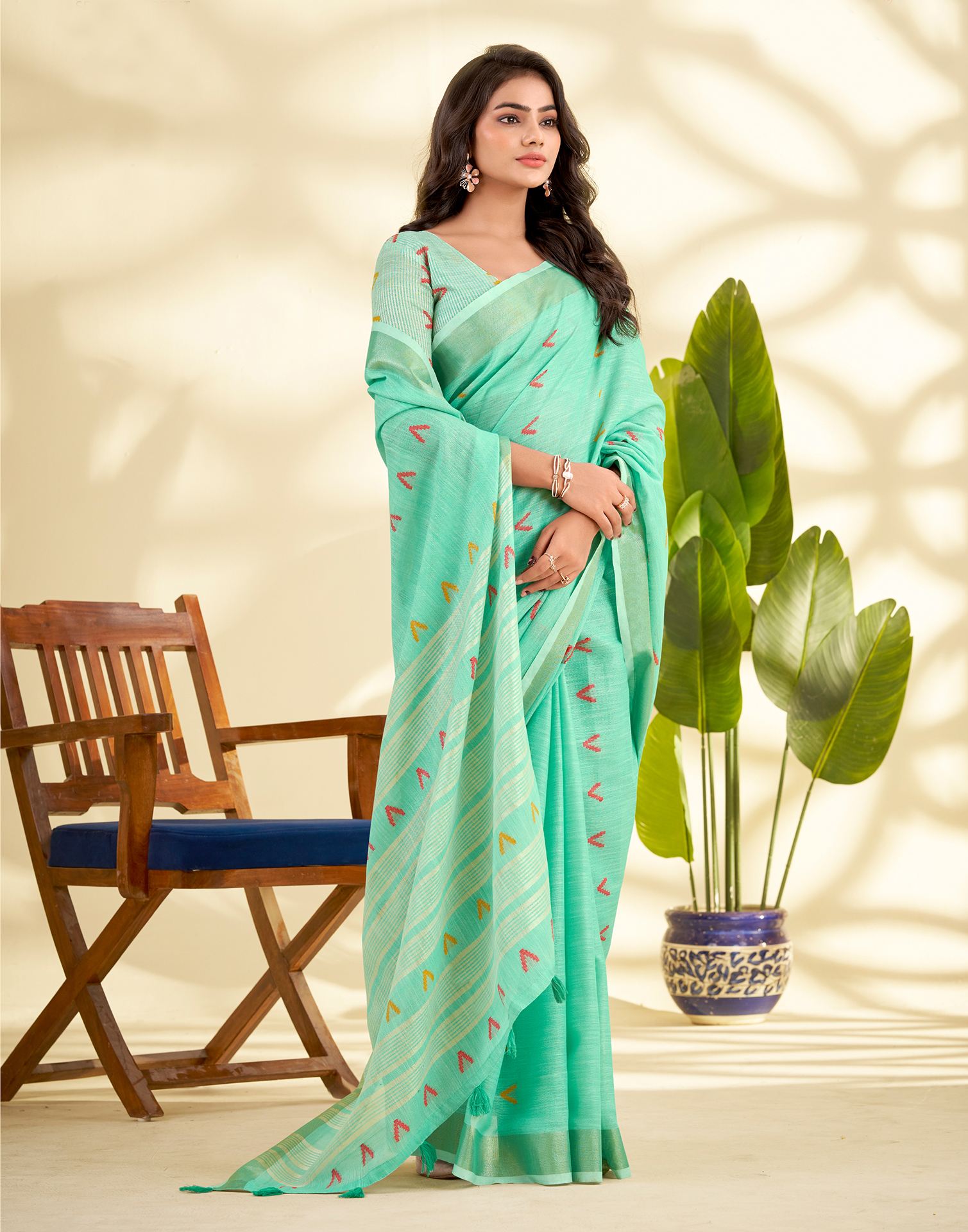 Mint Blue Linen Silk Woven Saree