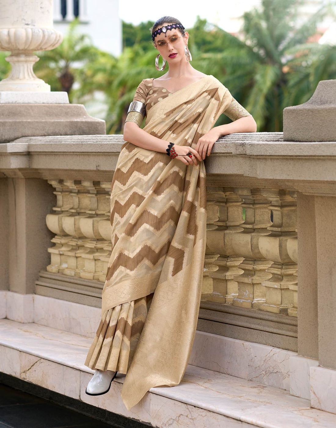 Brown Cotton Linen Woven Saree
