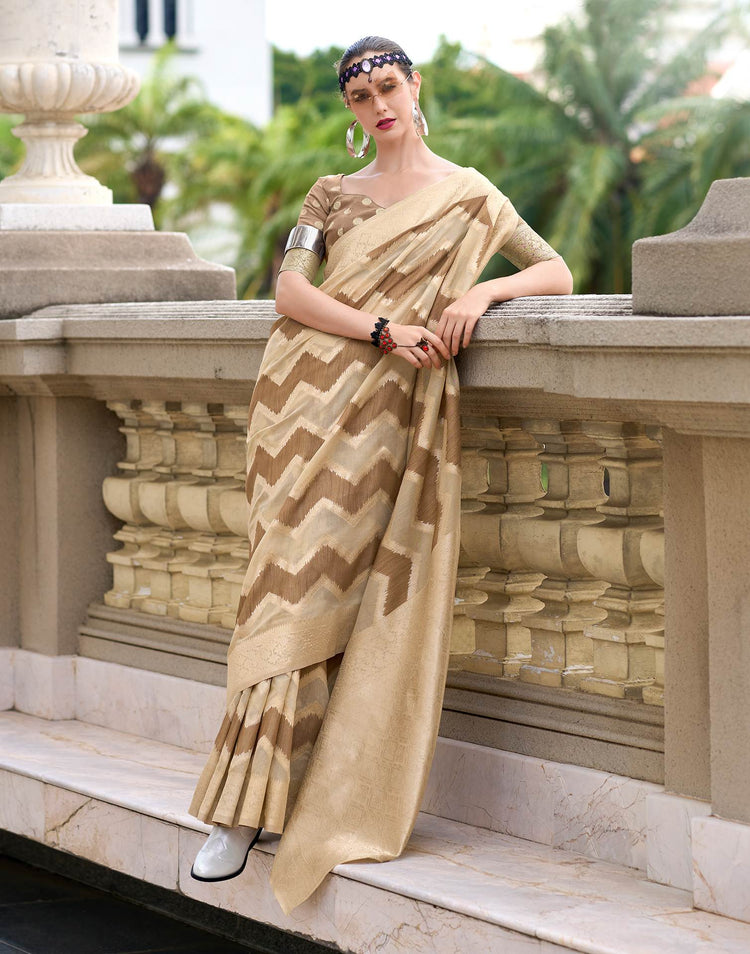 Brown Cotton Linen Woven Saree