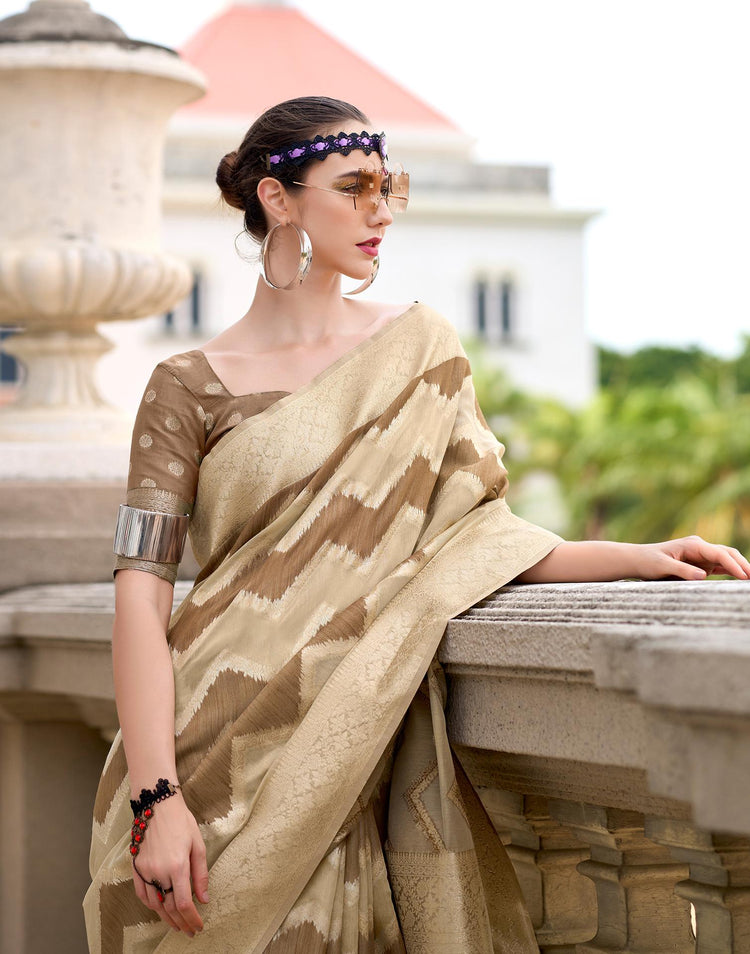 Brown Cotton Linen Woven Saree