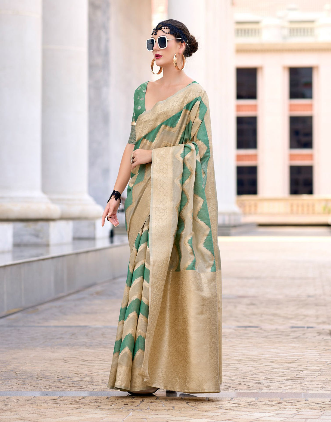 Green Cotton Linen Woven Saree