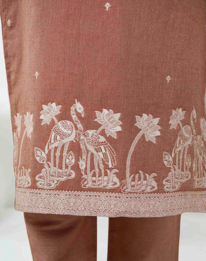 Rust Pure Cotton Woven Straight Kurta Set With Dupatta