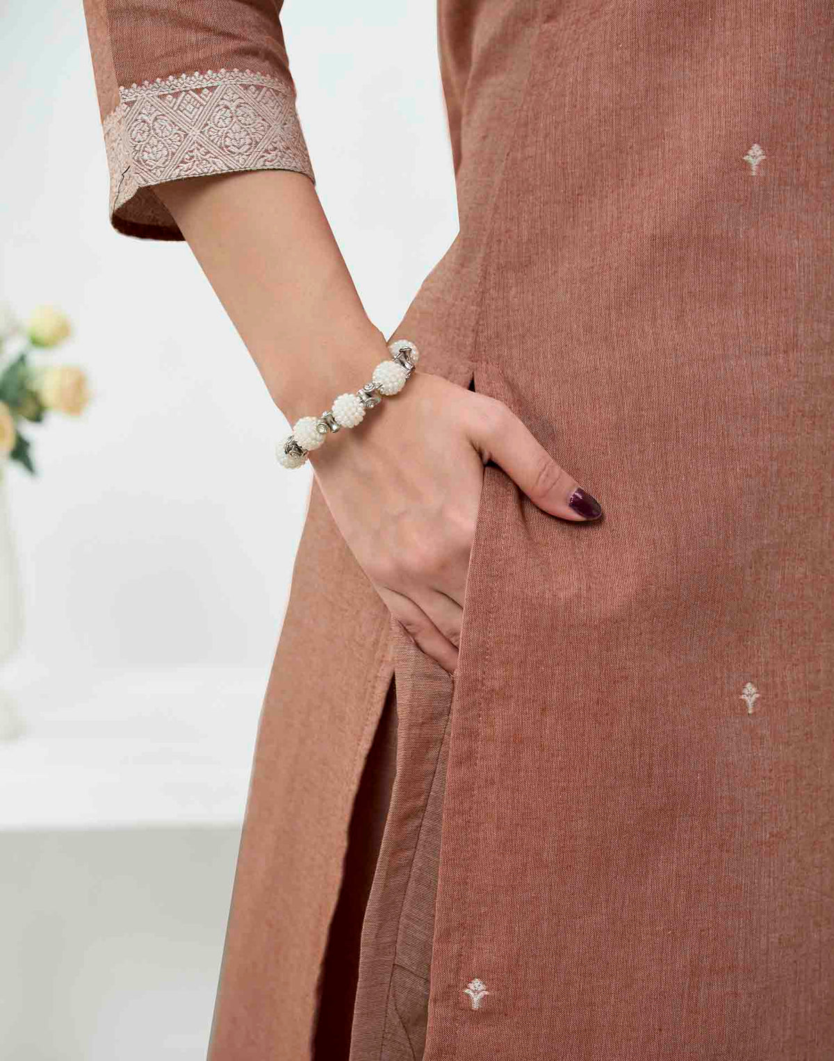 Rust Pure Cotton Woven Straight Kurta Set With Dupatta