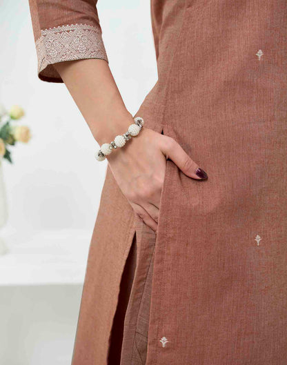 Rust Pure Cotton Woven Straight Kurta Set With Dupatta