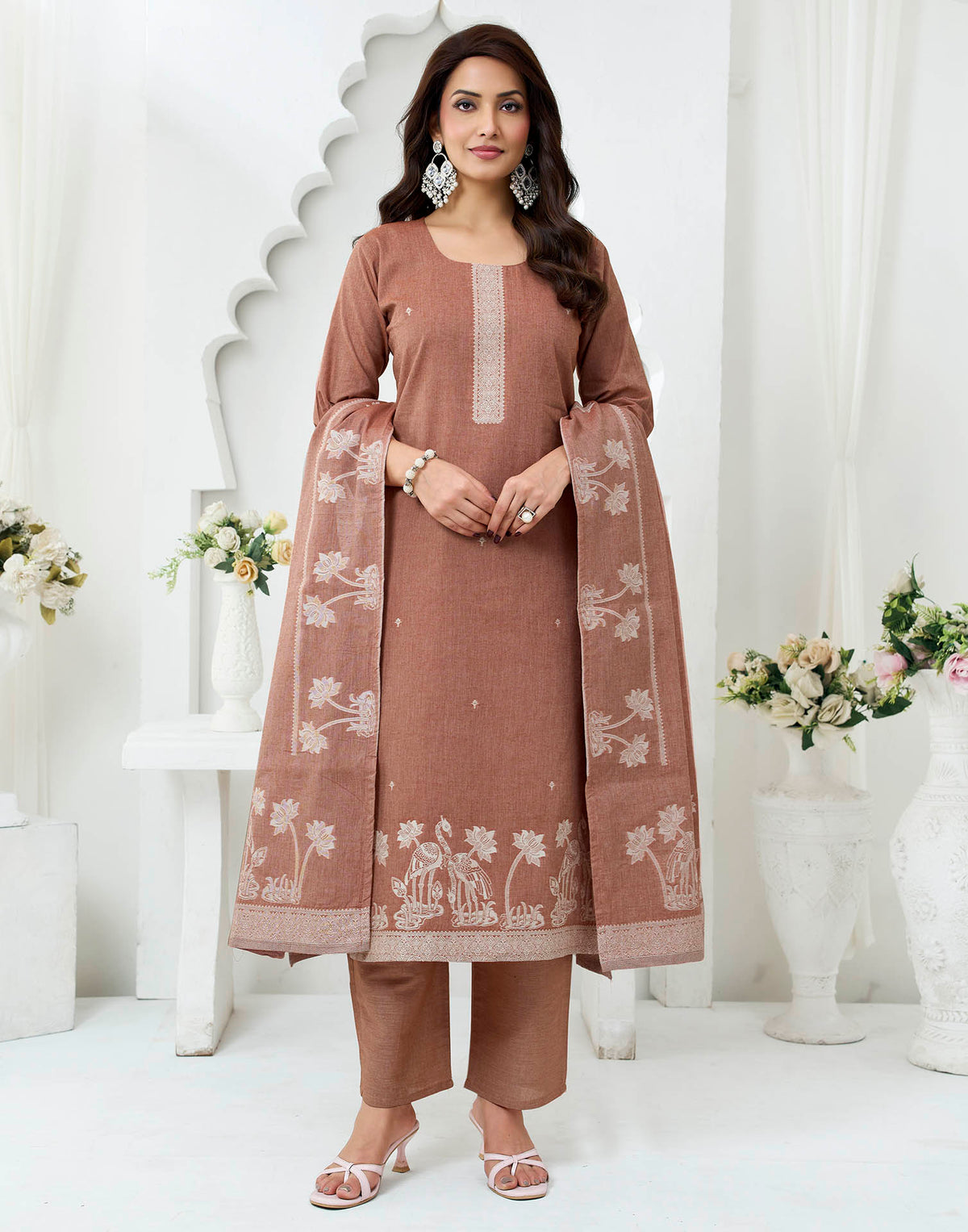 Rust Pure Cotton Woven Straight Kurta Set With Dupatta