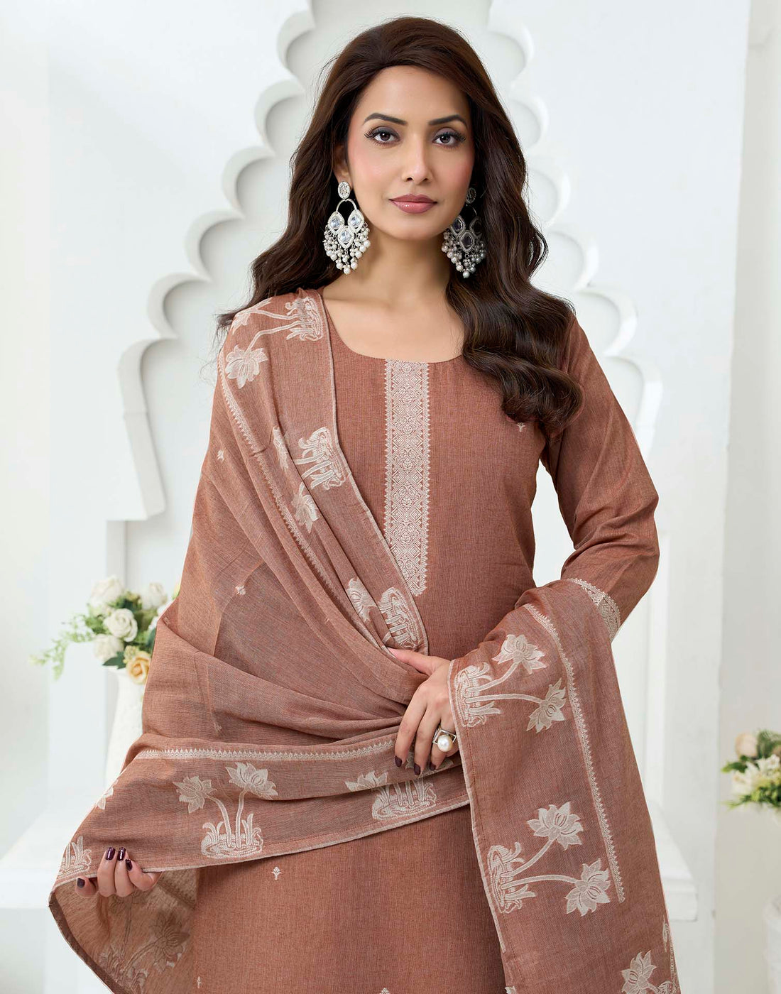 Rust Pure Cotton Woven Straight Kurta Set With Dupatta