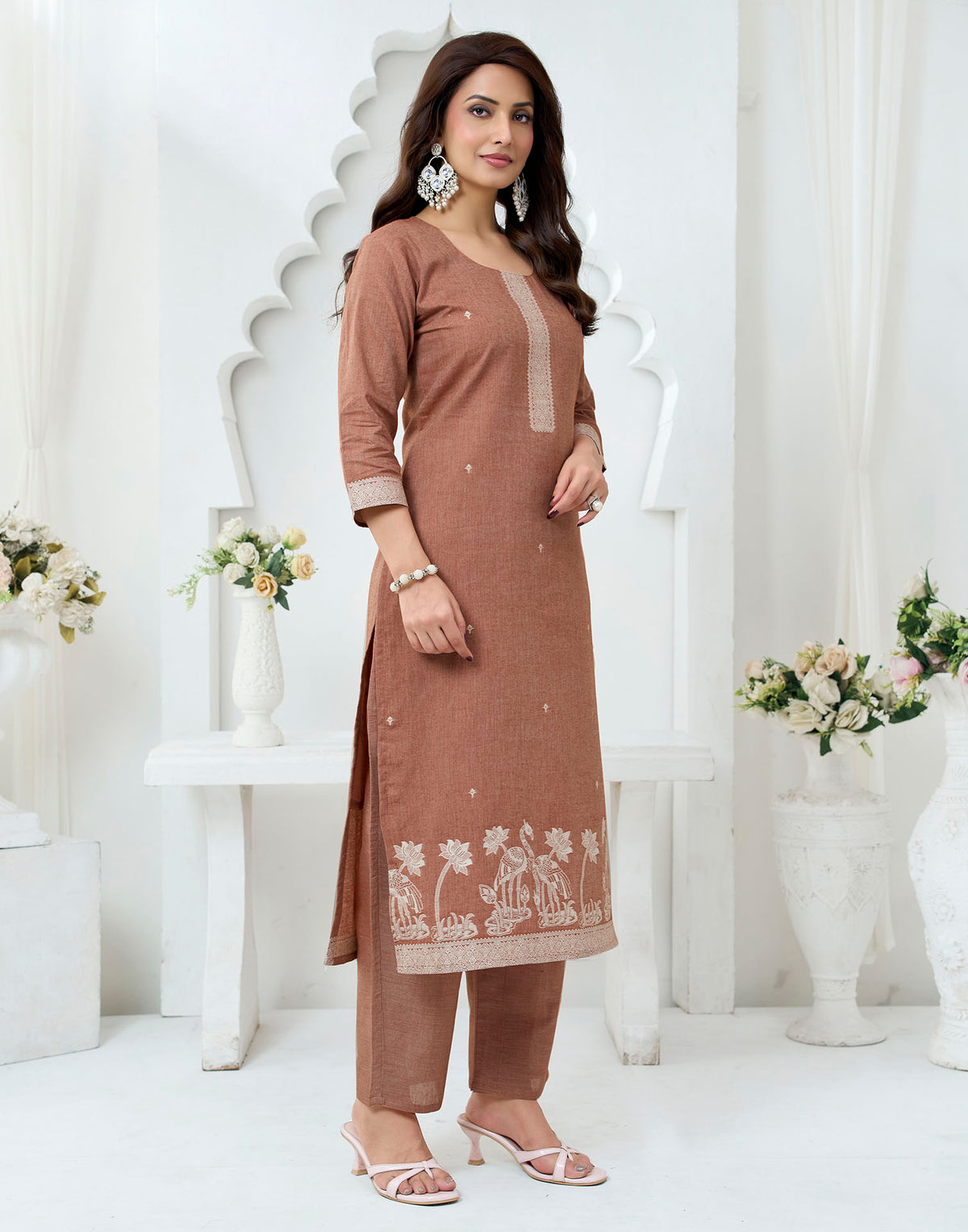 Rust Pure Cotton Woven Straight Kurta Set With Dupatta
