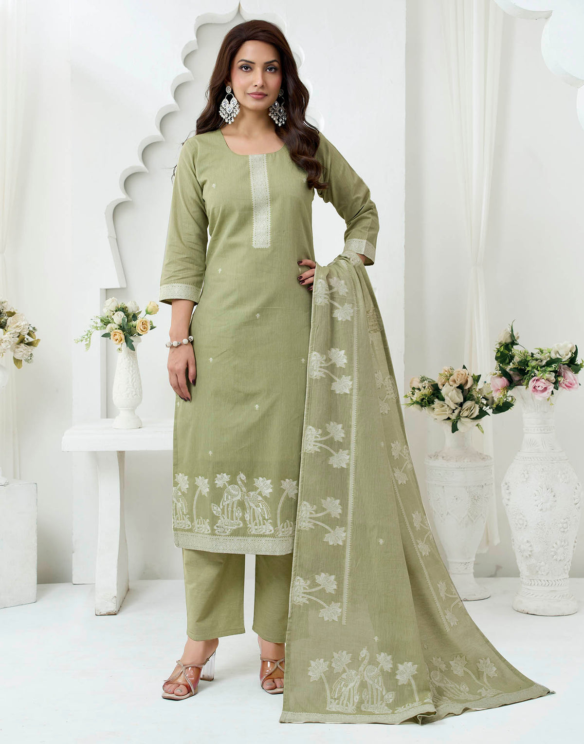 Olive Green Pure Cotton Woven Straight Kurta Set With Dupatta