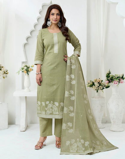 Olive Green Pure Cotton Woven Straight Kurta Set With Dupatta