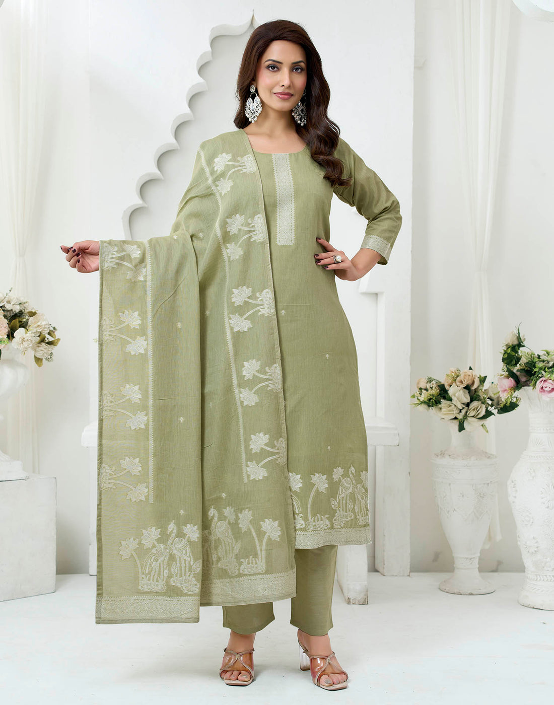 Olive Green Pure Cotton Woven Straight Kurta Set With Dupatta