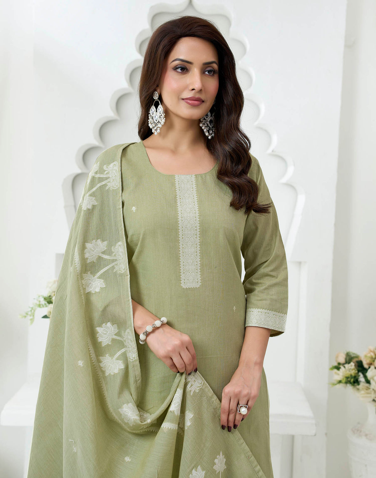 Olive Green Pure Cotton Woven Straight Kurta Set With Dupatta