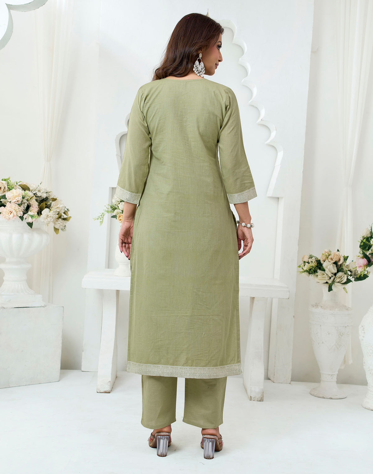 Olive Green Pure Cotton Woven Straight Kurta Set With Dupatta