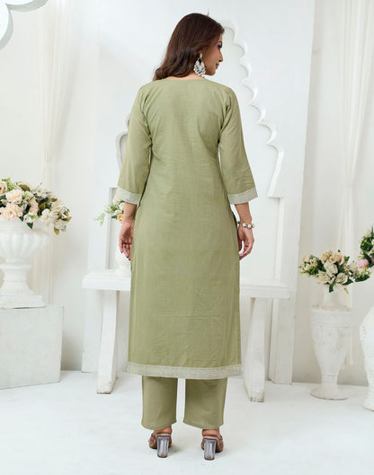 Olive Green Pure Cotton Woven Straight Kurta Set With Dupatta