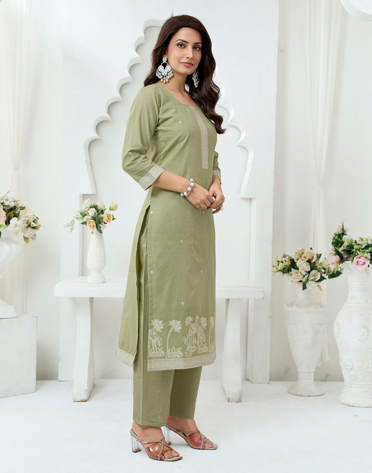 Olive Green Pure Cotton Woven Straight Kurta Set With Dupatta