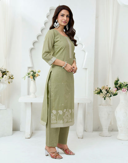 Olive Green Pure Cotton Woven Straight Kurta Set With Dupatta