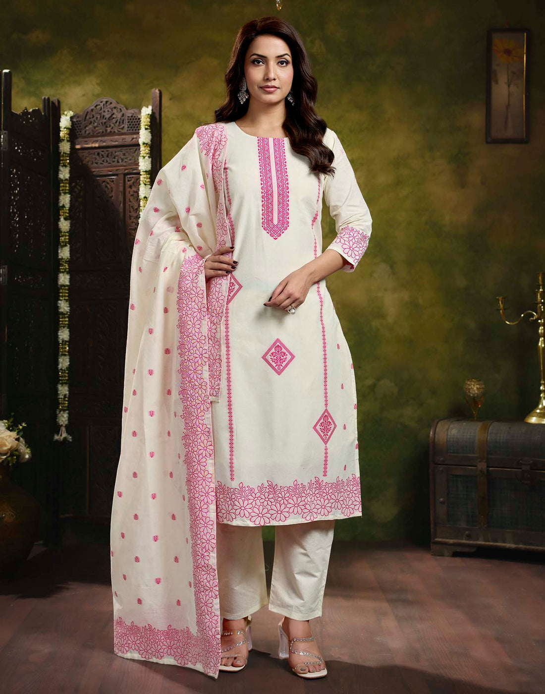 Off White Pure Cotton Woven Straight Kurta Set With Dupatta