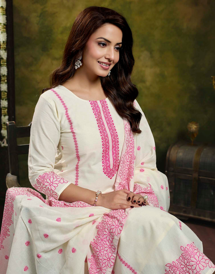 Off White Pure Cotton Woven Straight Kurta Set With Dupatta