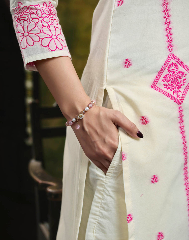 Off White Pure Cotton Woven Straight Kurta Set With Dupatta
