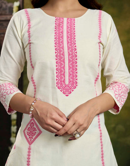 Off White Pure Cotton Woven Straight Kurta Set With Dupatta