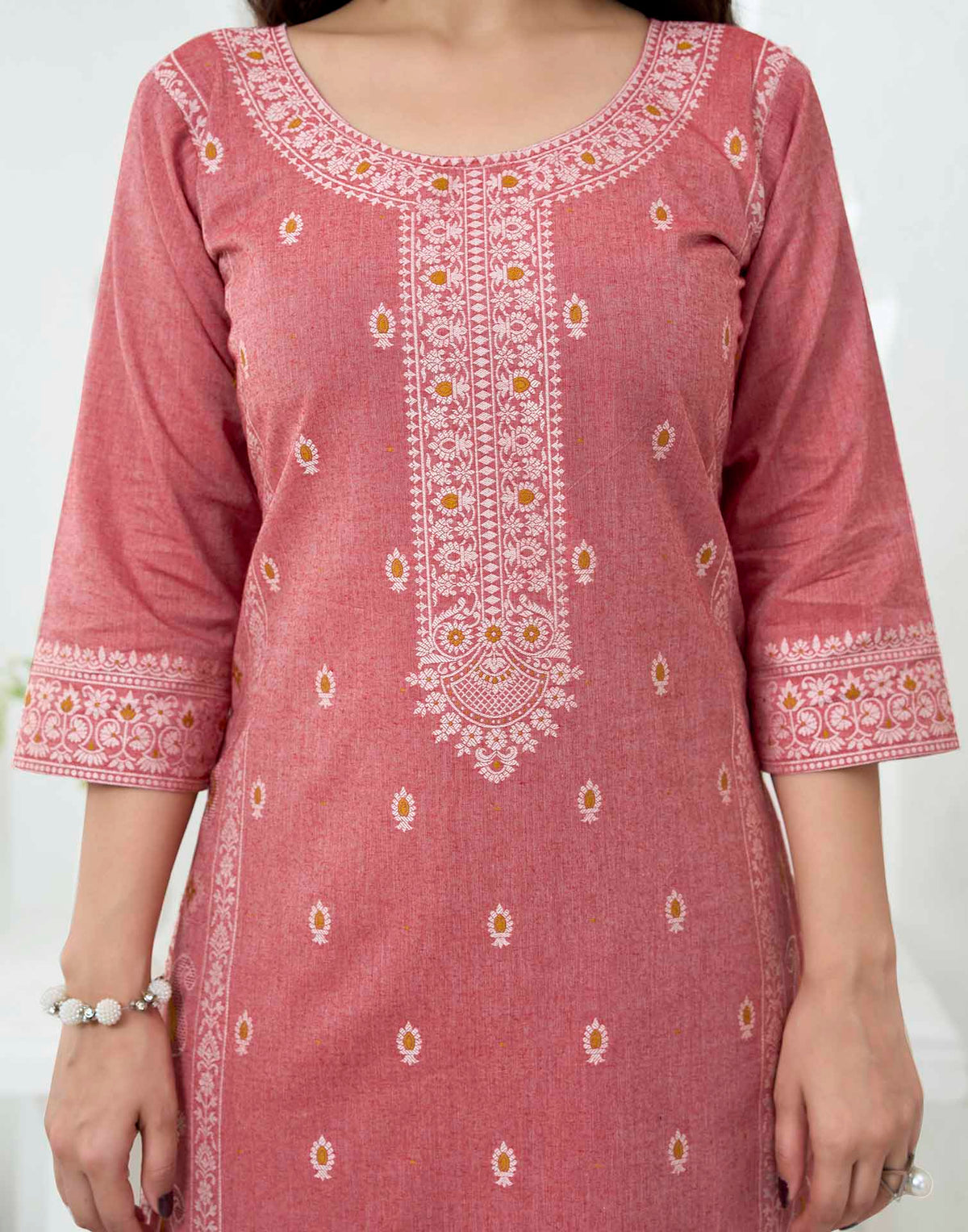 Rust Pure Cotton Woven Straight Kurta Set With Dupatta