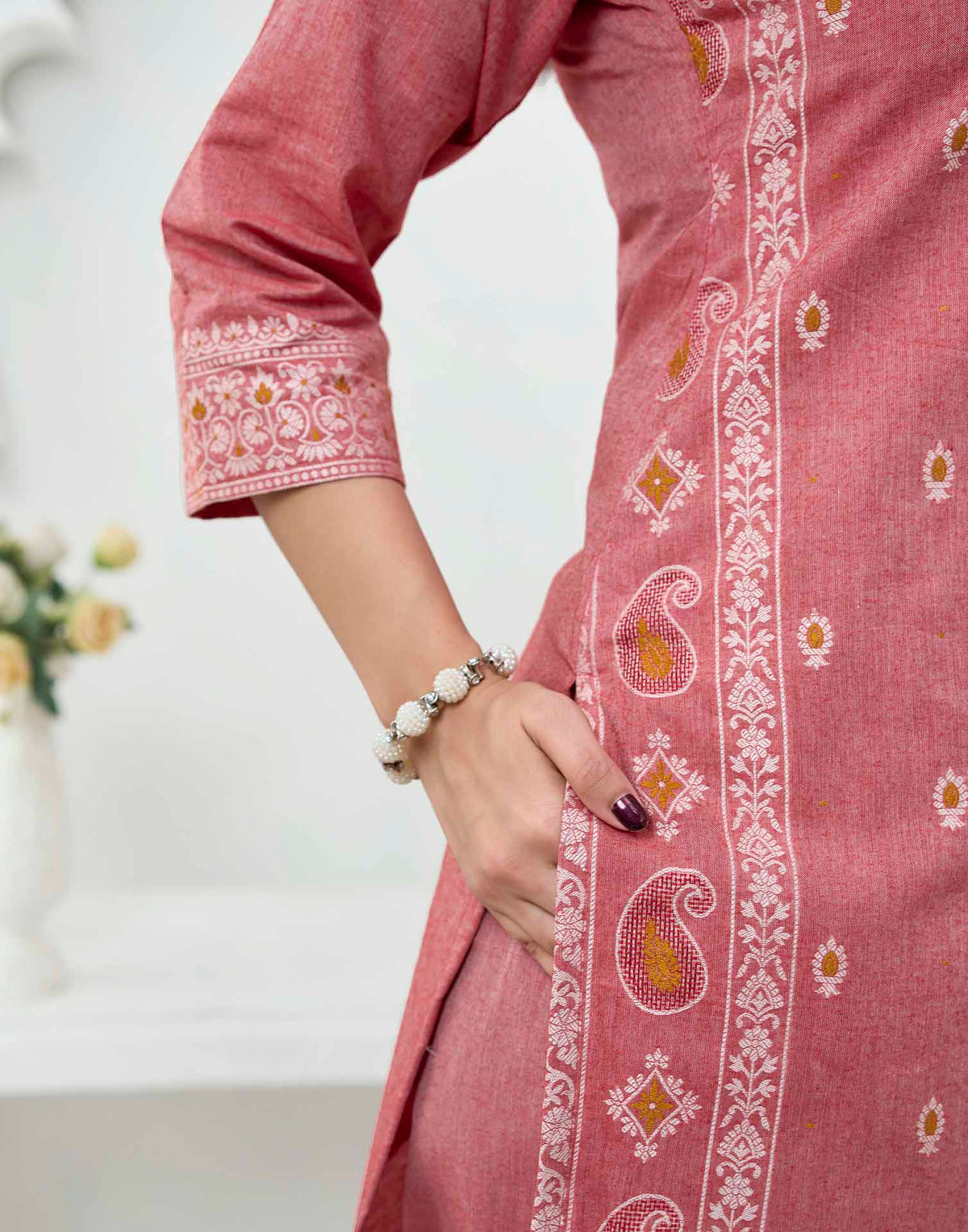 Rust Pure Cotton Woven Straight Kurta Set With Dupatta
