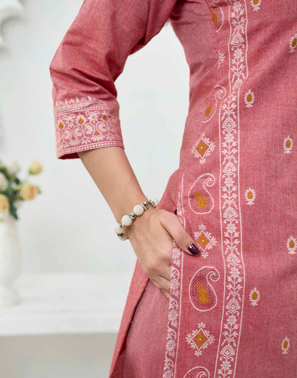 Rust Pure Cotton Woven Straight Kurta Set With Dupatta
