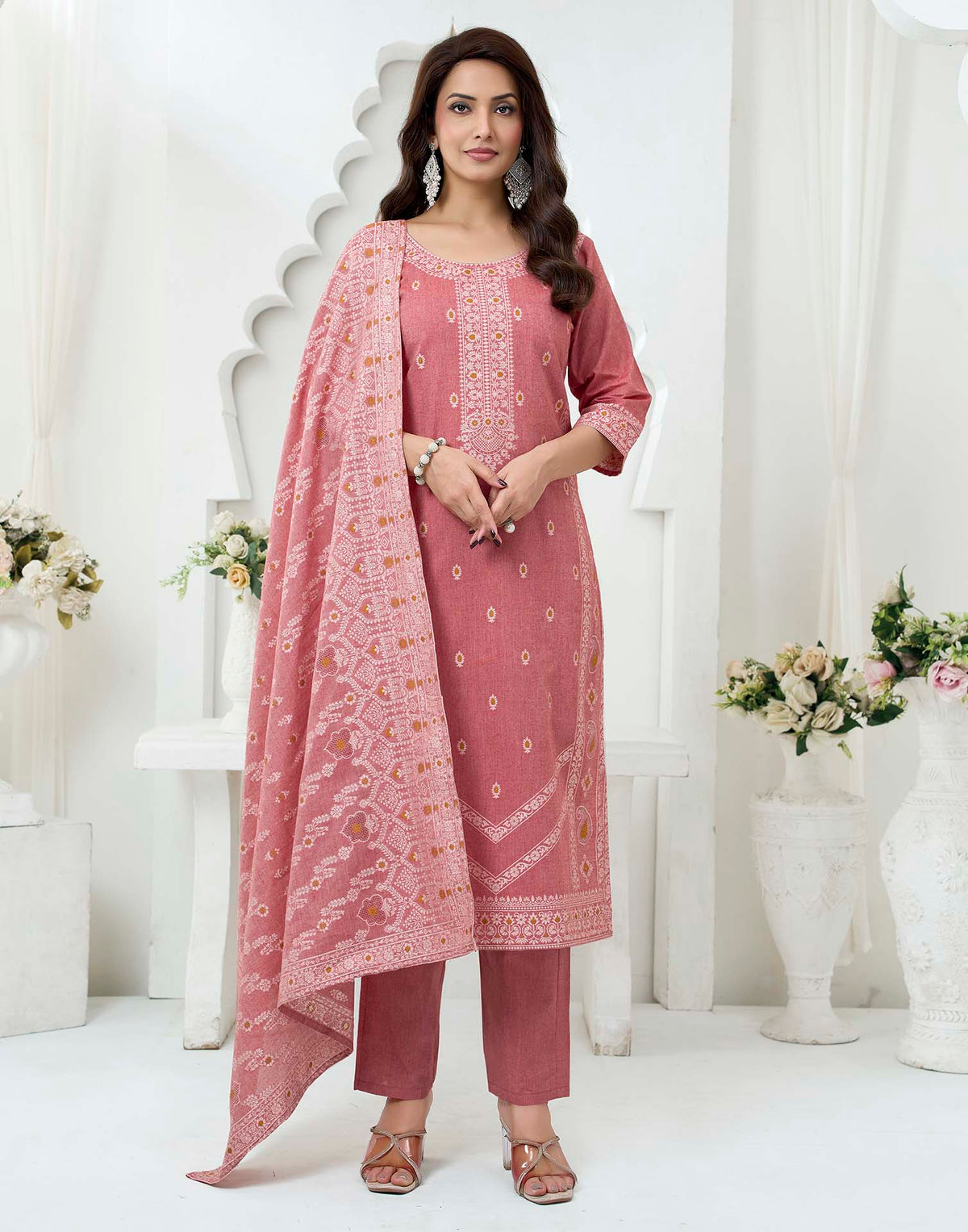 Rust Pure Cotton Woven Straight Kurta Set With Dupatta