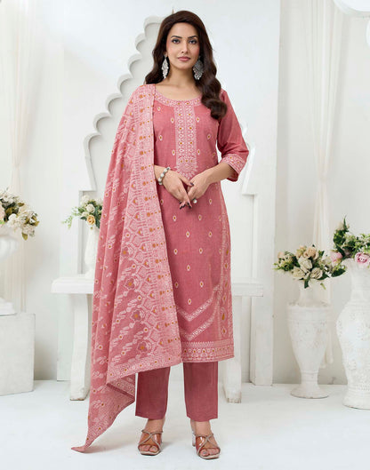 Rust Pure Cotton Woven Straight Kurta Set With Dupatta
