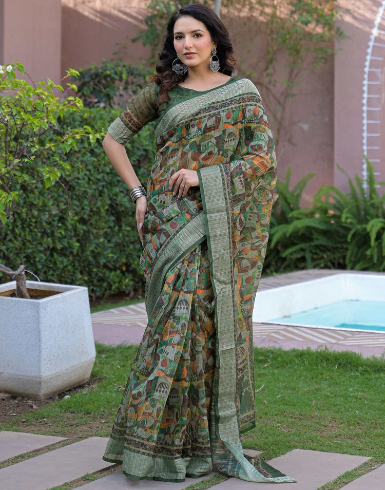 Ready To Wear Multicoloured Linen Printed Embroidery Border Saree