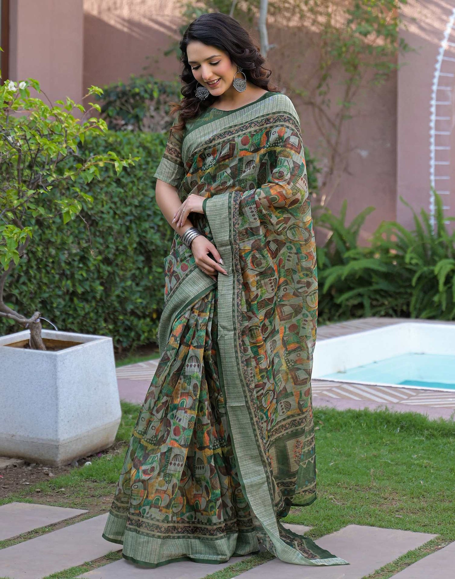Ready To Wear Multicoloured Linen Printed Embroidery Border Saree