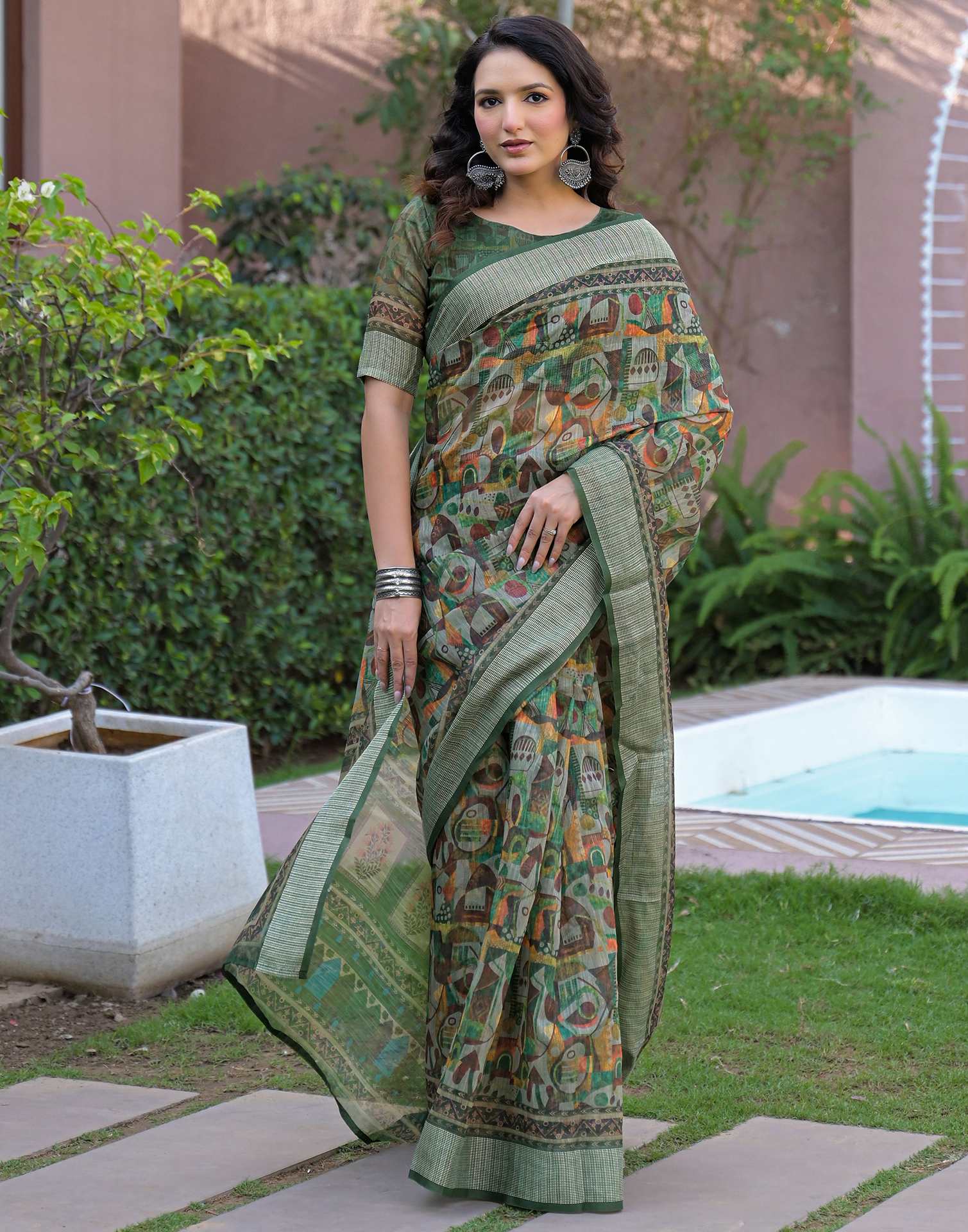 Ready To Wear Multicoloured Linen Printed Embroidery Border Saree