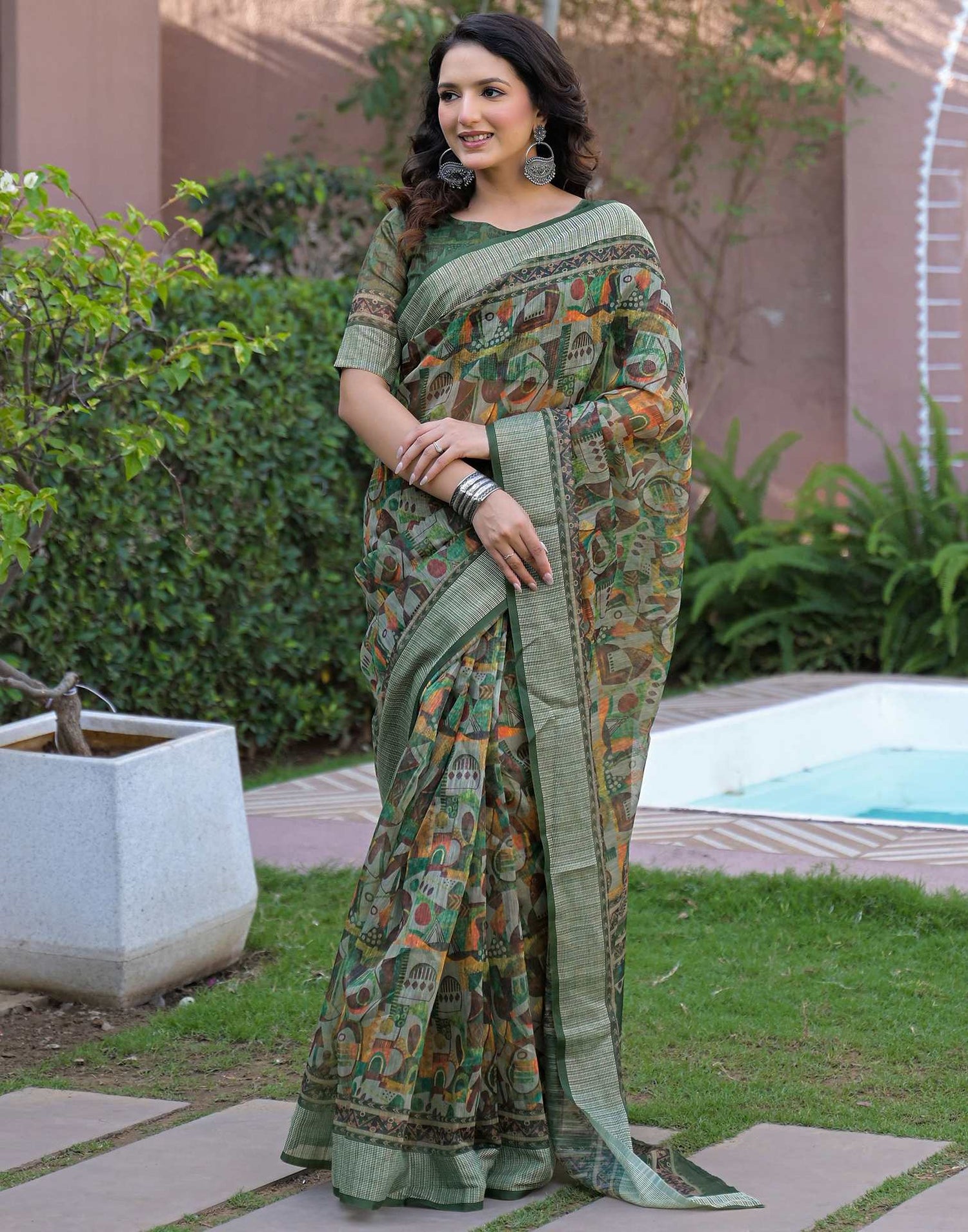 Ready To Wear Multicoloured Linen Printed Embroidery Border Saree
