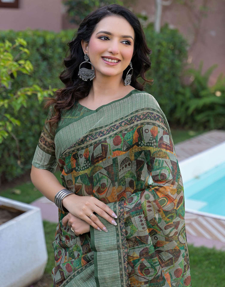 Ready To Wear Multicoloured Linen Printed Embroidery Border Saree
