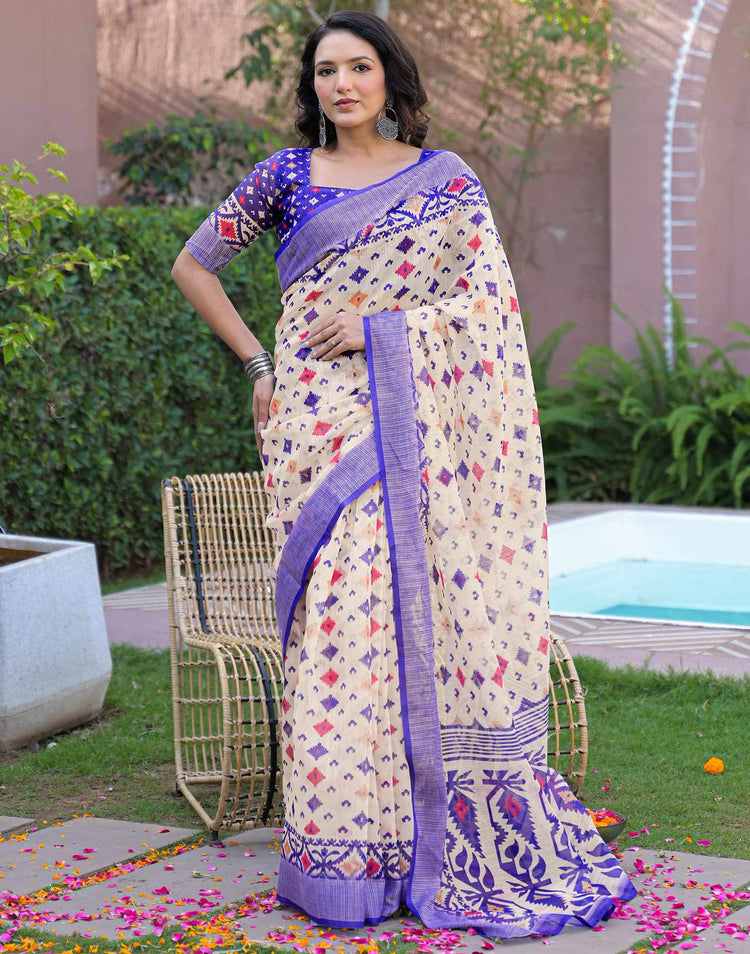 Ready To Wear Off White Linen Printed Embroidery Border Saree