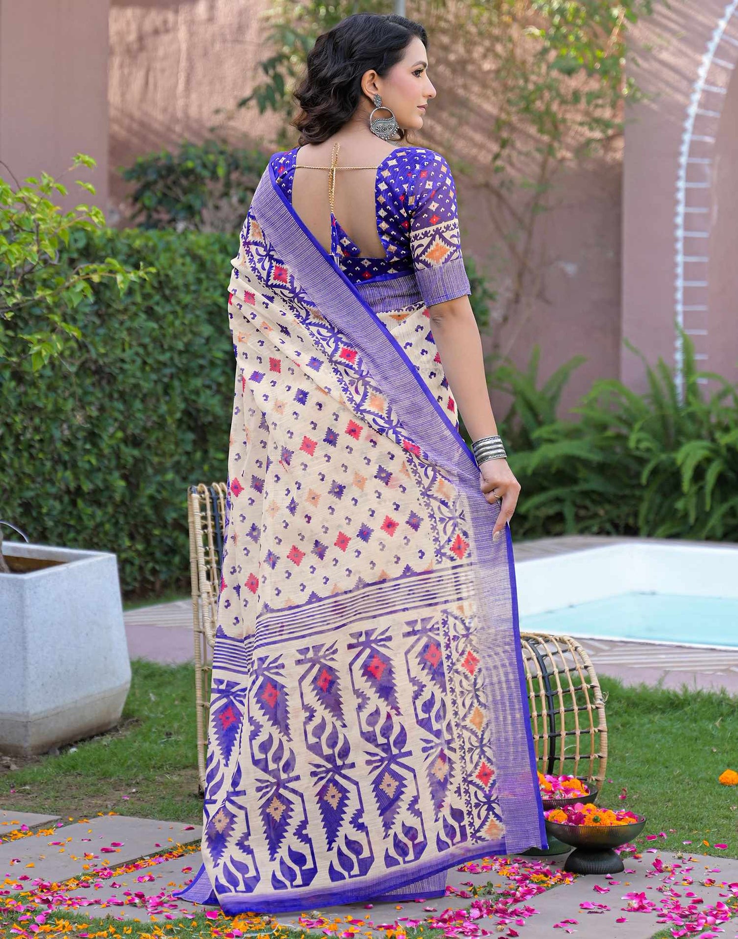 Ready To Wear Off White Linen Printed Embroidery Border Saree