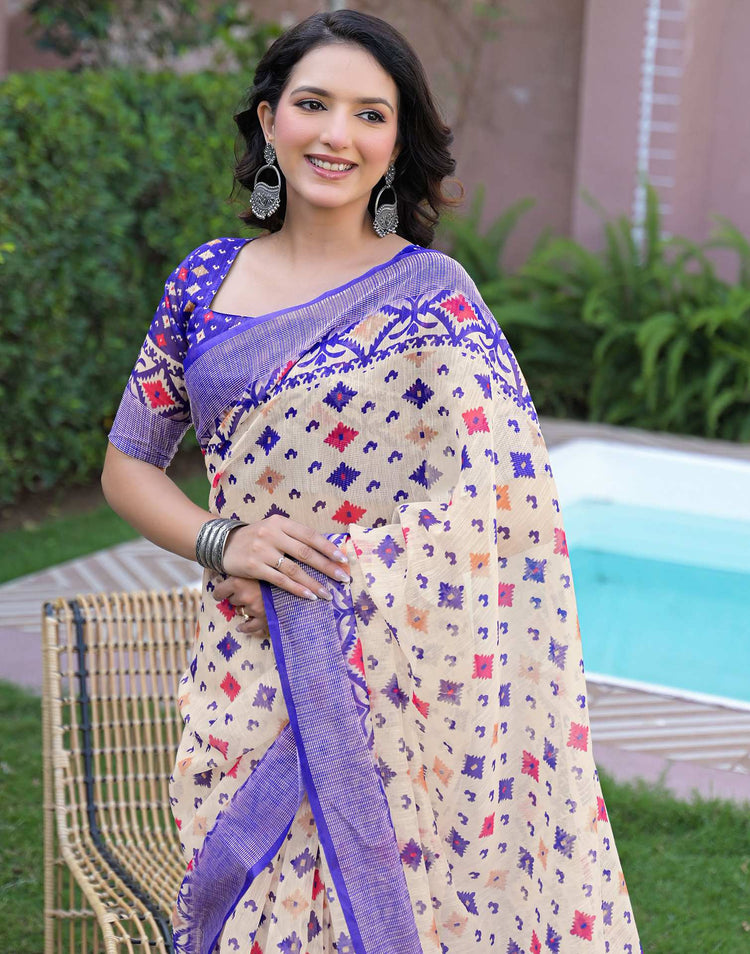 Ready To Wear Off White Linen Printed Embroidery Border Saree