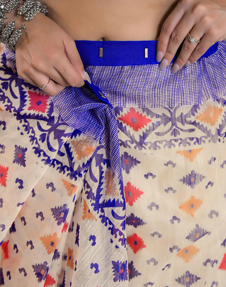 Ready To Wear Off White Linen Printed Embroidery Border Saree