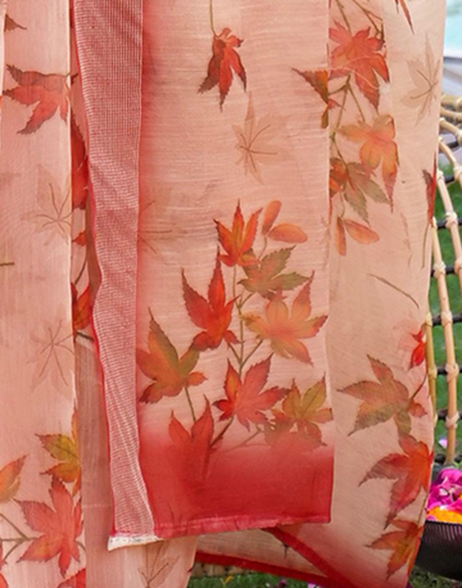 Ready To Wear Peach Linen Printed Embroidery Border Saree