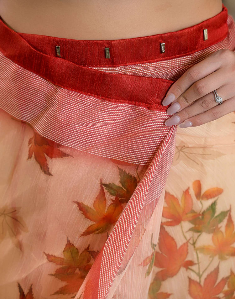 Ready To Wear Peach Linen Printed Embroidery Border Saree