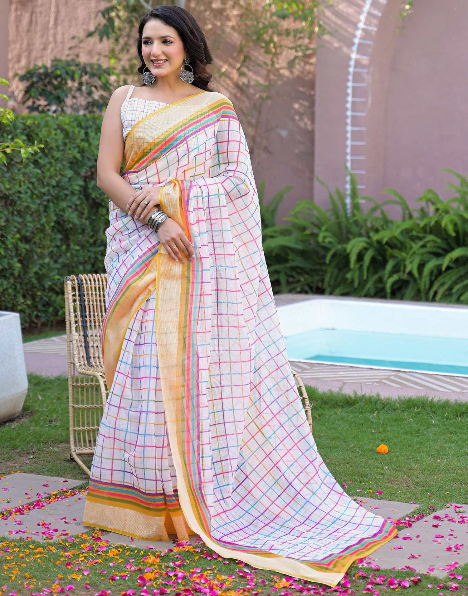 Ready To Wear White Linen Printed Embroidery Border Saree
