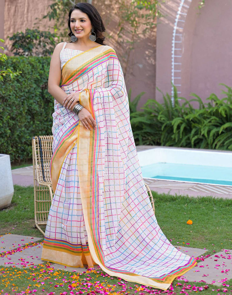 Ready To Wear White Linen Printed Embroidery Border Saree