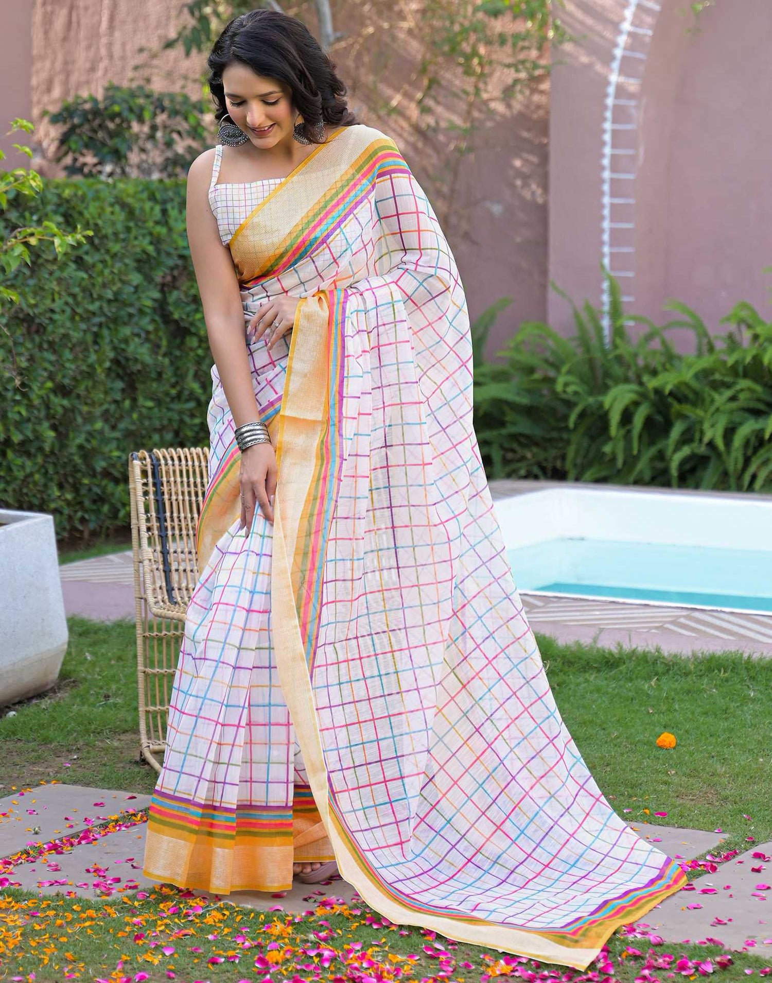 Ready To Wear White Linen Printed Embroidery Border Saree