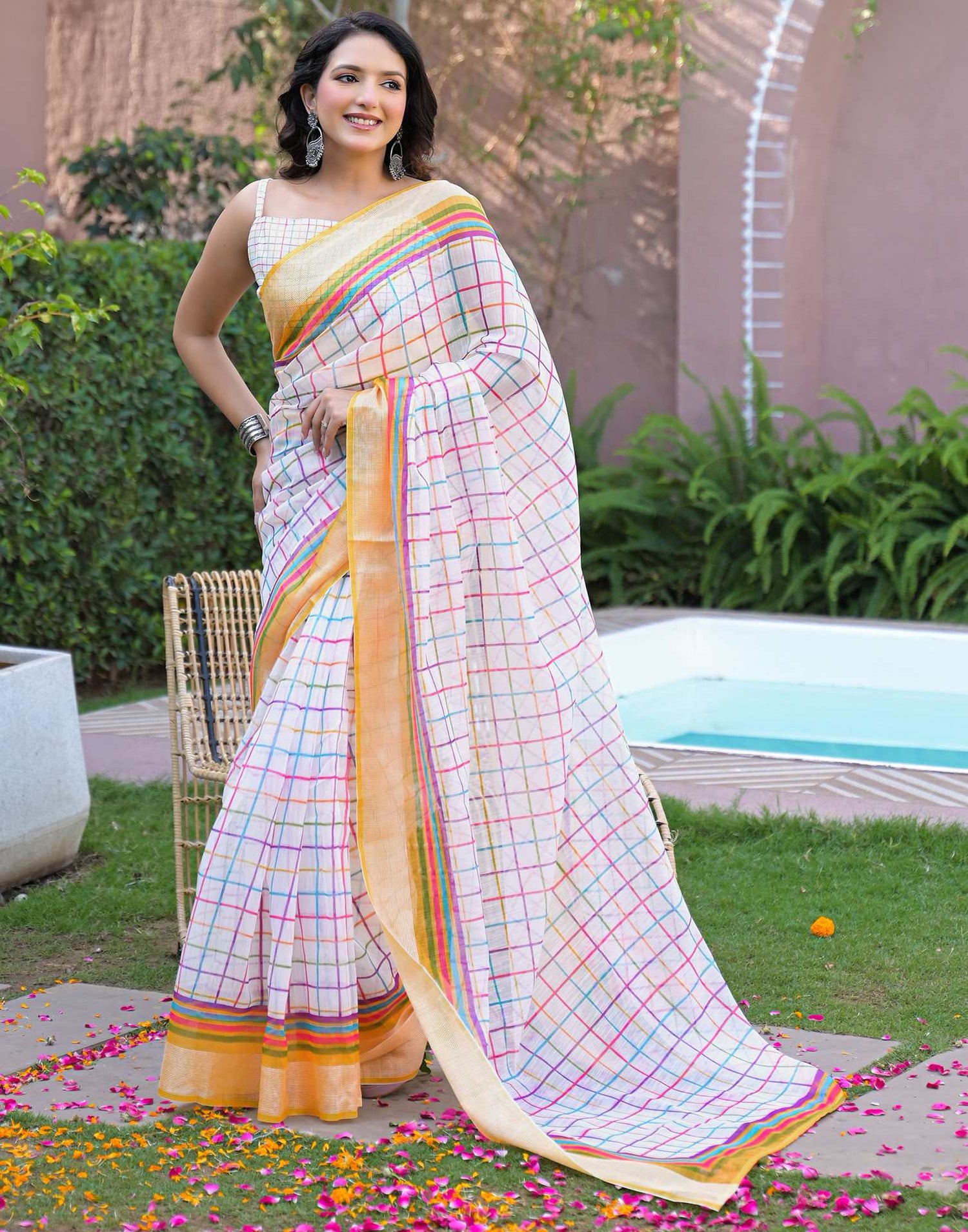 Ready To Wear White Linen Printed Embroidery Border Saree