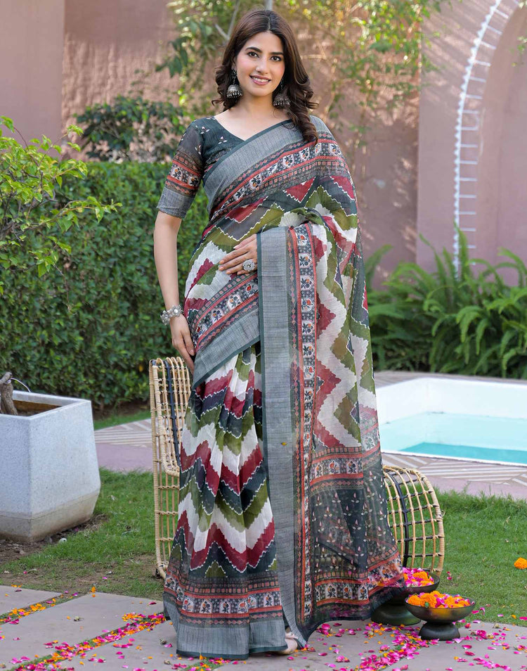 Ready To Wear Multicoloured Linen Printed Embroidery Border Saree