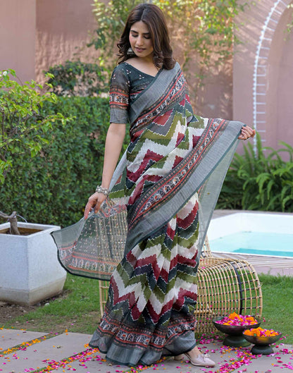 Ready To Wear Multicoloured Linen Printed Embroidery Border Saree