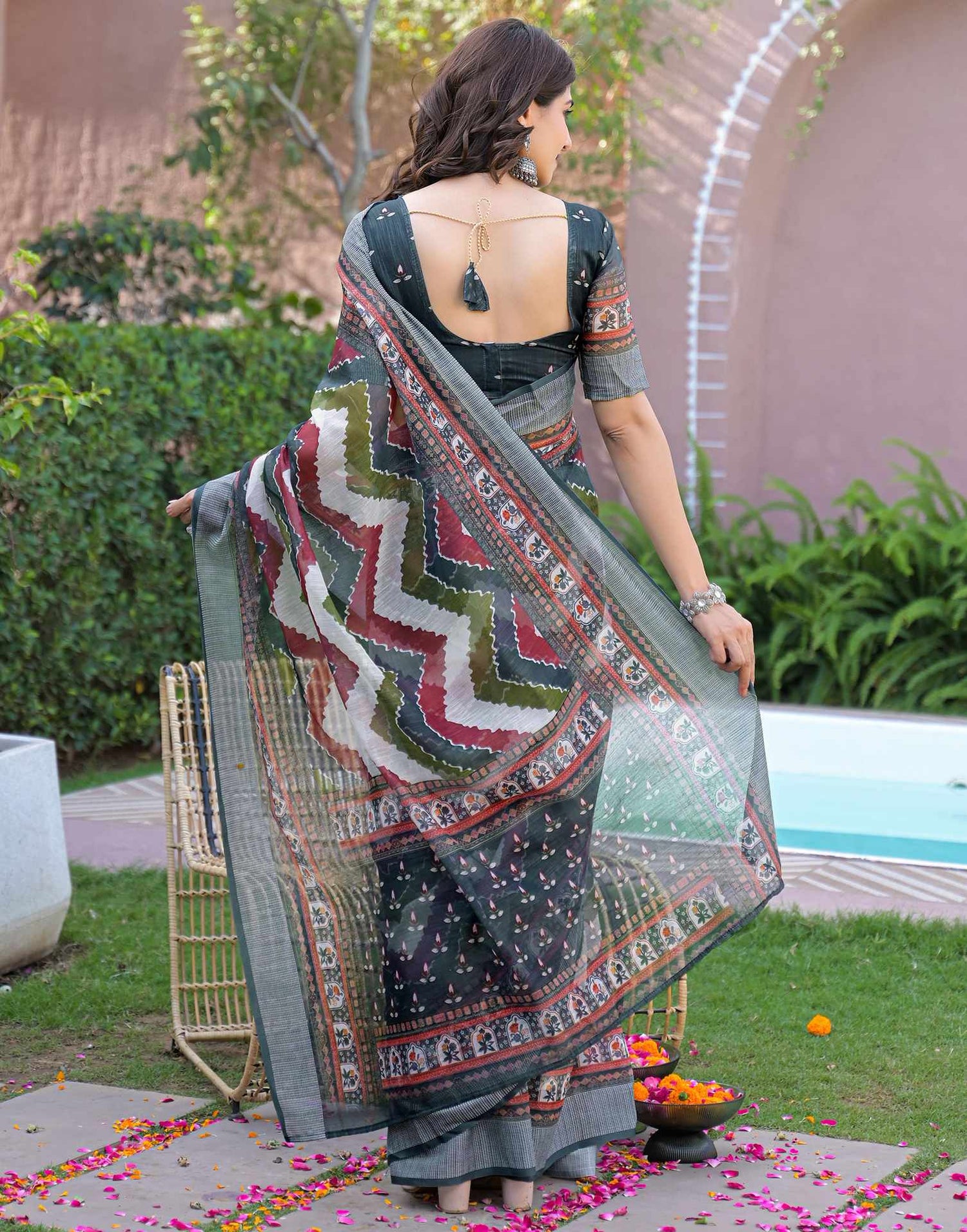 Ready To Wear Multicoloured Linen Printed Embroidery Border Saree