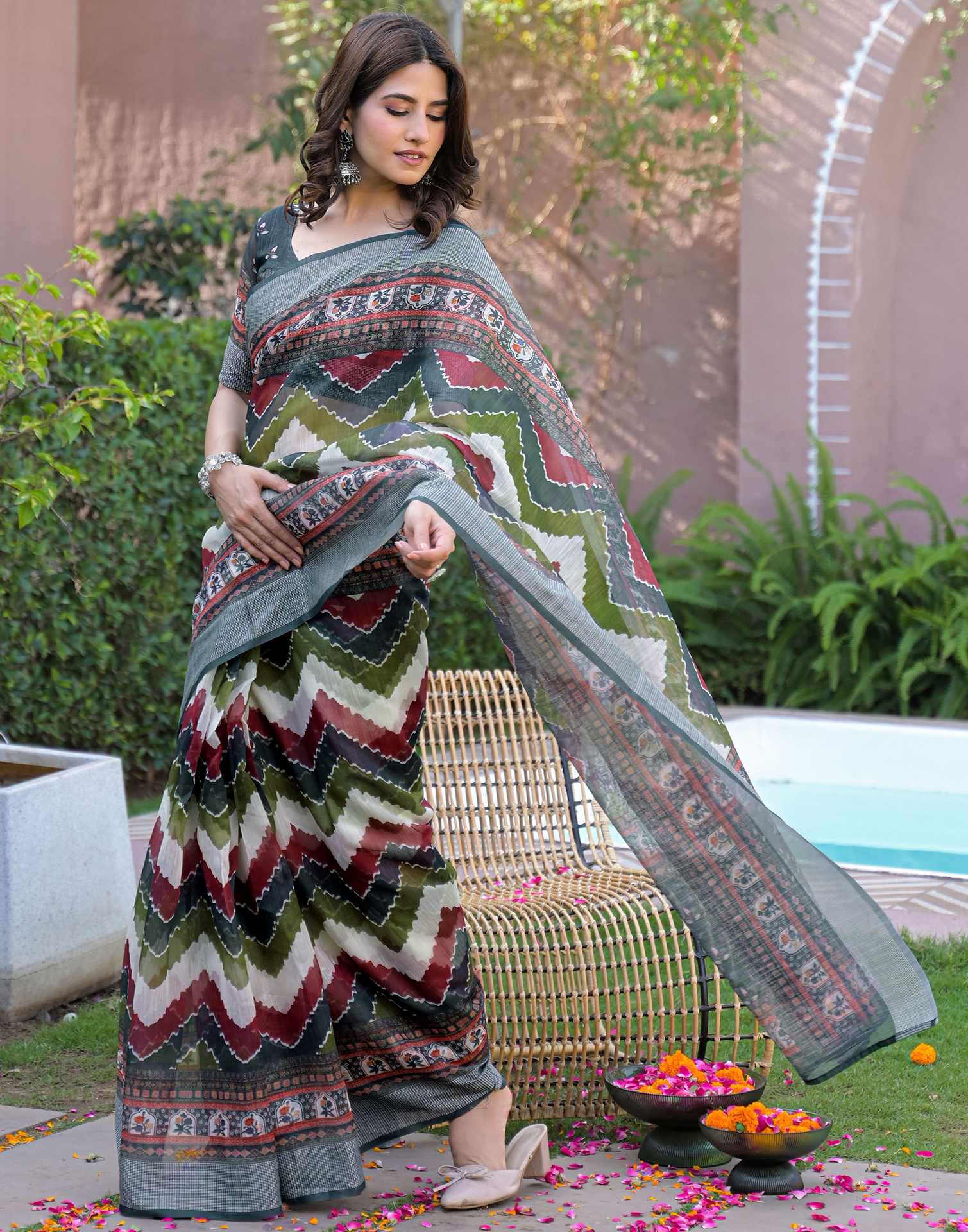 Ready To Wear Multicoloured Linen Printed Embroidery Border Saree