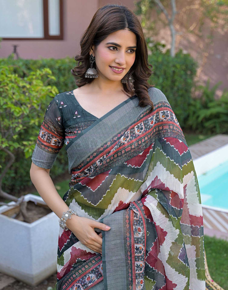Ready To Wear Multicoloured Linen Printed Embroidery Border Saree