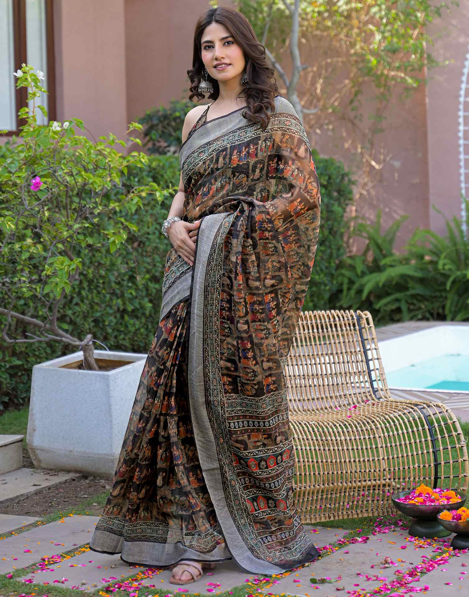 Ready To Wear Black Linen Printed Embroidery Border Saree