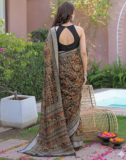 Ready To Wear Black Linen Printed Embroidery Border Saree
